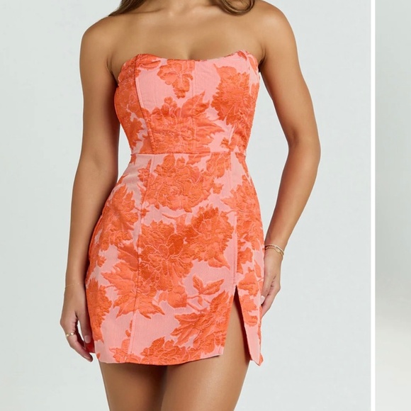 Showpo Pink and Orange Floral Strapless Dress - Picture 1 of 3